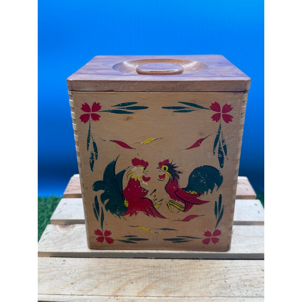 Vintage Hand Painted Wooden Rooster Canister Box Lid - Country Kitchen - Japan